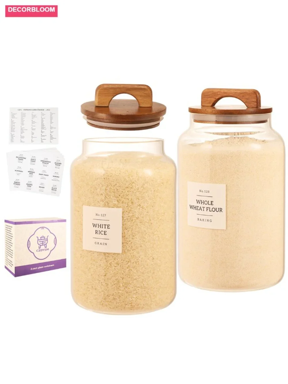 2 Pack Large Glass Flour and Sugar Containers with Bamboo Lids